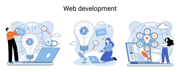 Web development metaphor, coding and programming responsive layout internet site or app of devices. Creation digital Software mobile, desktop platforms. Computer code, tablet, phone, digital business