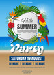 hello summer party poster with tropical plants and birds on beach landscape. summer party flyer