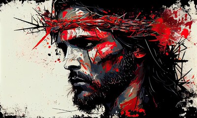 Abstract portrait of Jesus Christ in a crown of thorns, generative AI