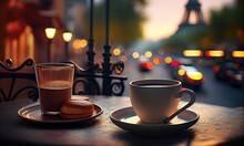 Cup Of Coffee On Background Of Paris Cozy Street And Eiffel Tower, Romantic Postcard, Generative AI