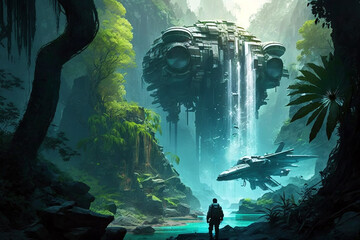 Cyberpunk sci-fi jungle with green trees, waterfall and futuristic plane. Generative ai illustrationCyberpunk sci-fi jungle with green trees, waterfall and futuristic plane. Generative ai illustration