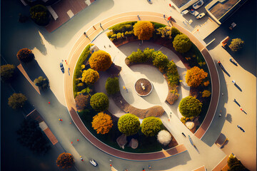 Poster - Top down view of a conceptual harmony city, organic shapes, tilt-shift, minimalist,  walkways, people, European cities of the future, nature meets urban design