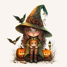 Cute Little Girl Witch With Pumpkin Cats And Birds Isolated  Generative AI
