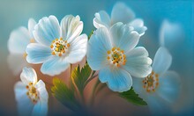 White Flowers Primroses On A Beautiful Blue Background, Generative AI