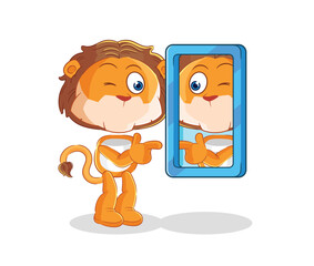 Sticker - lion looking into mirror cartoon. cartoon mascot vector