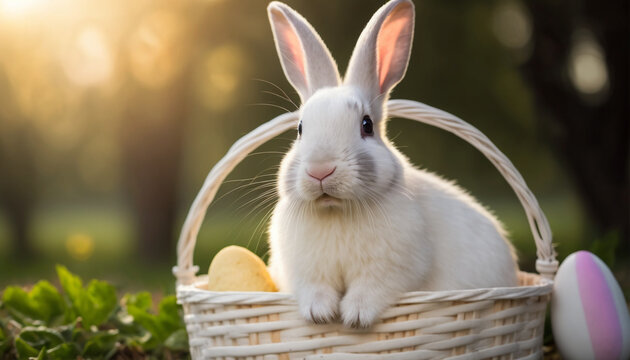 A White and Gray Rabbit in a White Basket with Two Easter Eggs - Made with Generative AI