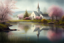 Illustration Of Old Church In New England-style Village During Spring Time With Morning Mist , AI-Generated Image.