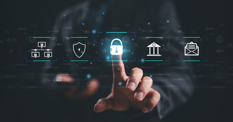 Leinwandbilder - Cybersecurity and privacy concepts to protect data. Lock icon and internet network security technology. Businessman protecting personal data on smartphone, virtual screen interfaces. Cybersecurity.