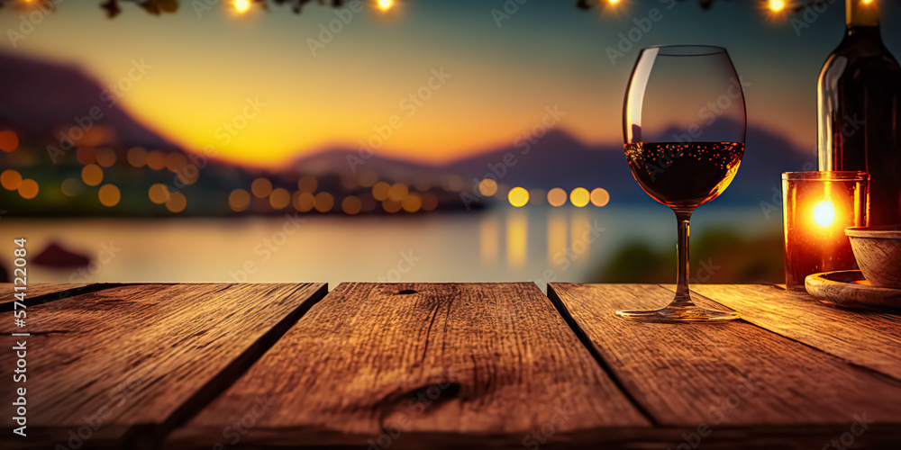 Empty wooden table top with glass of wine with blurred lakeside cafe on ...