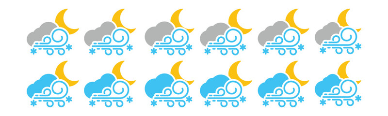 blizzard weather at night icon set. snow storm weather at night icons collection. snowflake, cloud, 