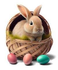 Wall Mural - Cute Easter rabbit in egg basket, isolated on transparent background. Generative Ai