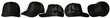 Set of black trucker cap hat mockup template collection, various angle isolated cut out object