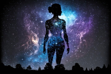 body silhouette with space and galaxy  background, milky way, spiritual life and belief, Made by AI, Artificial intelligence