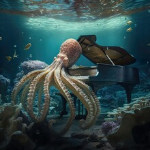 Octopus Playing An Old Barnacle-encrusted Grand Piano Underwater