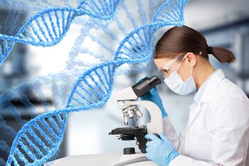 Wall Mural - research concept, scientist using microscope with dna molecules symbol
