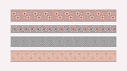 Greek key ornaments collection. Colored meander pattern set. Repeating geometric meandros motif. Greek fret design. Ancient decorative border. Vector decoration