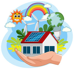 Wall Mural - A house with solar panels and wind turbines