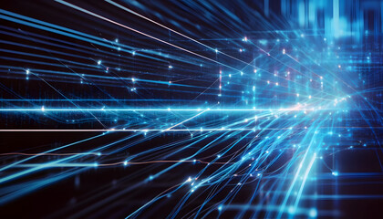Technology background with abstract digital code motion. Abstract high-tech blue neon background for communication concept with digital flow in a matrix. Generative AI