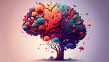 Human Brain Tree With Flowers, Self Care And Mental Health Concept, Positive Thinking, Creative Mind. Generative AI.