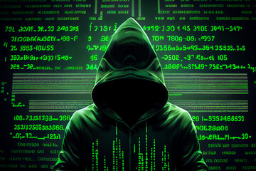 hooded hacker on green code background. Generative AI