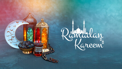 ramadan banner design background, colourful lantern lamp and dates with crescent shape moon, 2023 ei