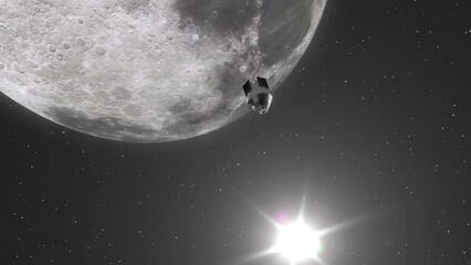 Wall Mural - Orion Artemis Capsule Leaving Moon to Return Home to Earth with Camera Pulling In and Pivoting with Sun Flare Haze and Milky Way Galaxy Background - 3D Space Animation 4K