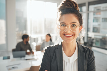 Canvas Print - Portrait of business woman in office management, company vision and happy for career opportunity, goals and leadership. Professional worker or person face in meeting for workflow, agenda and planning