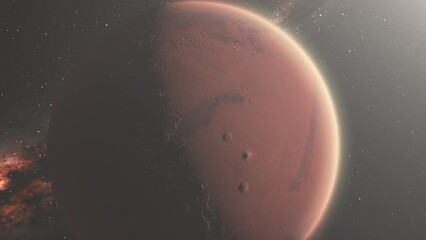 Wall Mural - Red Planet Mars from Space with Mountains and Atmosphere Visible and Milky Way Galaxy Background - 3D Animation 4K