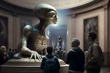 A museum showing a display of ancient aliens that once visited our planet, amazing and futuristic, huge sculptures, men and other aliens come to visit and see