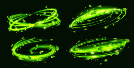 Wall Mural - abstract fresh air swirls with green foliage and sparkles isolated on transparent background. vector