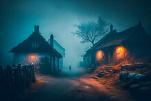 A Forgotten Mystical Village Engulfed In Fog.Generative AI