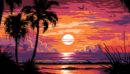 Wall Mural - warm colors of a summer sunset over the ocean with coconut trees created by generative AI