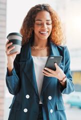 Wall Mural - Phone, coffee and laugh with a business black woman laughing at a meme or joke on social media. Mobile, contact and humor with a funny female employee on the internet to enjoy happy comedy