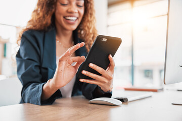 Poster - Phone, hand and communication with a business black woman laughing at a meme in her office at work. Contact, social media and mobile with a female employee browsing the internet for a joke or humor