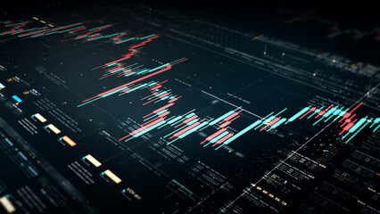 Poster - Business stock market, trading, info graphic with animated graphs, charts and data numbers insight analysis to be shown on monitor display screen for business meeting mock up theme