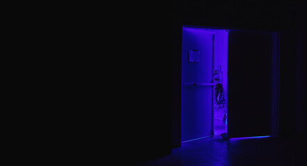 Leinwandbilder - Hacker, hide or neon in night coding, web 3.0 programming or phishing software mock up in off grid door. Woman, programmer or developer on technology for dark scam, cybersecurity or secret copy space