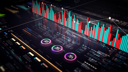 Fototapete - Business stock market, trading, info graphic with animated graphs, charts and data numbers insight analysis to be shown on monitor display screen for business meeting mock up theme
