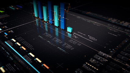 Fototapete - Business stock market, trading, info graphic with animated graphs, charts and data numbers insight analysis to be shown on monitor display screen for business meeting mock up theme