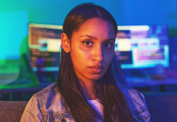 Leinwandbilder - Hacker, portrait or serious face in neon house with cybersecurity ransomware ideas, phishing vision or coding innovation. Programmer, developer or woman in dark home and secret software virus or code