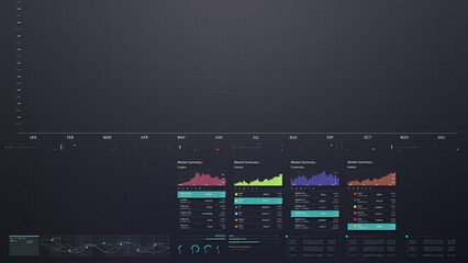 Fototapete - Business stock market, trading, info graphic with animated graphs, charts and data numbers insight analysis to be shown on monitor display screen for business meeting mock up theme