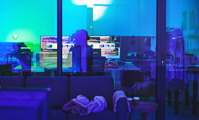 Leinwandbilder - Hacker, back or computer screen in neon programming, cybersecurity ransomware or SEO night phishing in basement. Programmer, developer or woman on technology coding for dark software, iot bug or scam