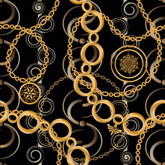 Canvas Print - Seamless pattern decorated with precious stones, gold chains and pearls.	