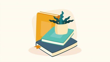 Wall Mural - text books library with houseplant animation