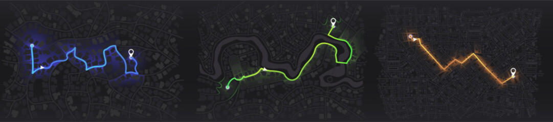 Wall Mural - Set of maps with route distance data, path turns and destination tag or mark. Town roadmap. Quarter residential buildings.