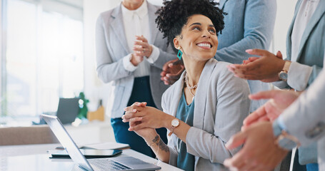 Wall Mural - applause, celebration and business woman with good news, achievement or job promotion in the office.