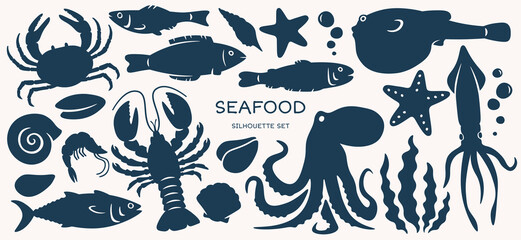 Sticker - Seafood silhouettes flat icons set. Marine animal shapes. Underwater world. Biodiversity. Abstract shapes of shell