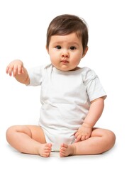 Wall Mural - Cute baby in white onesie on white background