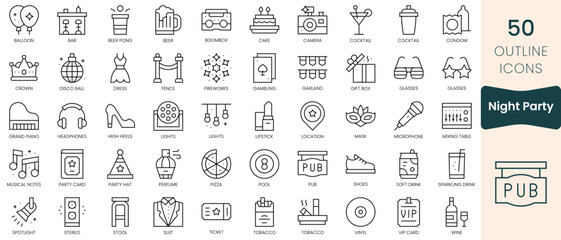 Wall Mural - Set of night party icons. Thin linear style icons Pack. Vector Illustration