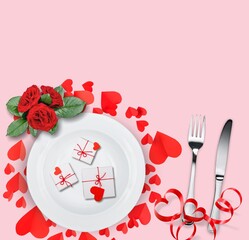 Canvas Print - Set of colored hearts and plate. Concept of Valentines day