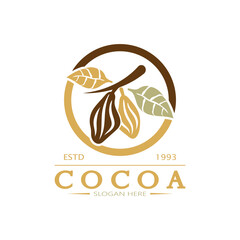 cocoa logo,cocoa bean,cocoa tree,cocoa branches and leaves,chocolate mix on white background,vintage,modern,simple,minimalist icon illustration template design vector